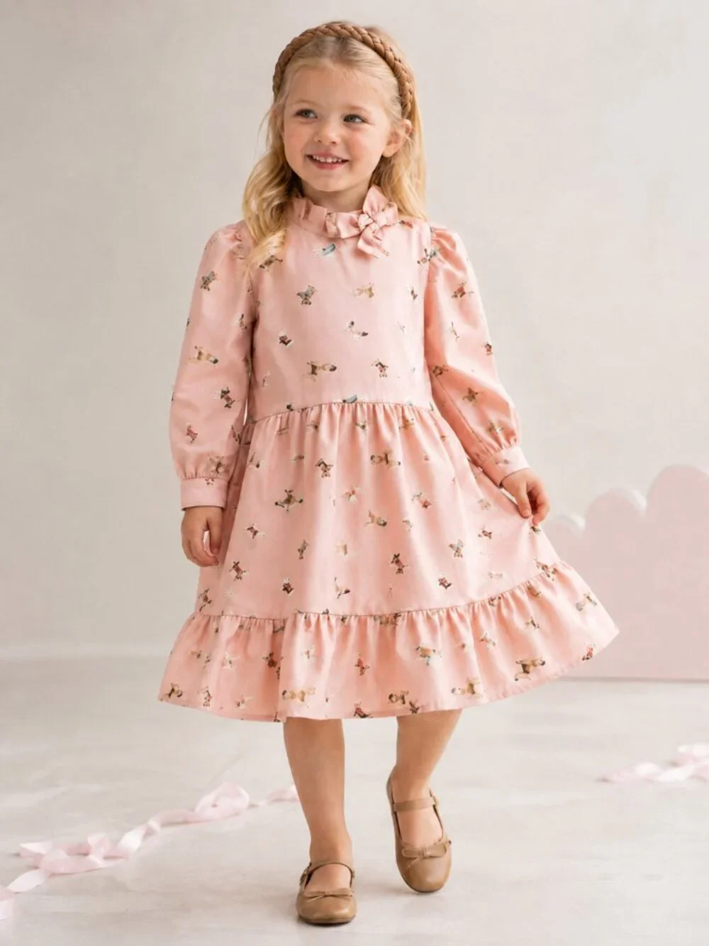 Janie and Jack Girls Pink Dog Print Dress Preppy Coquette Cottagecore Bow